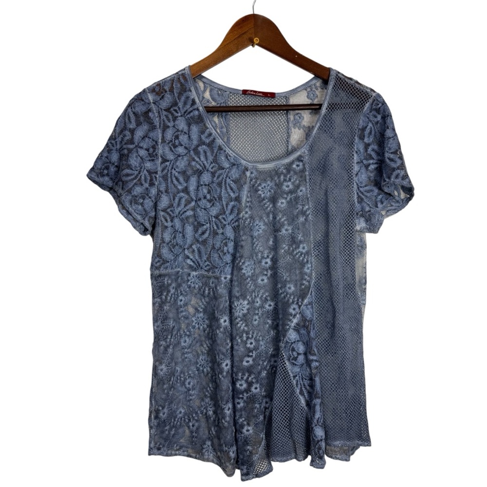 Barbara Lesser Sheer Floral‎ Lace Short Sleeve Top in Blue Boho